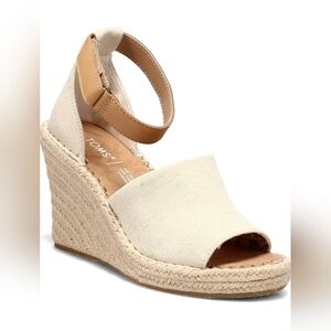 TOMS Marisol Natural Canvas Sandals 6 Tan Leather Ankle Strap Espadrille Wedge